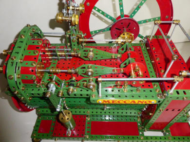 Overhead Steam Engine detail showing valves, crankshaft,cylinders
